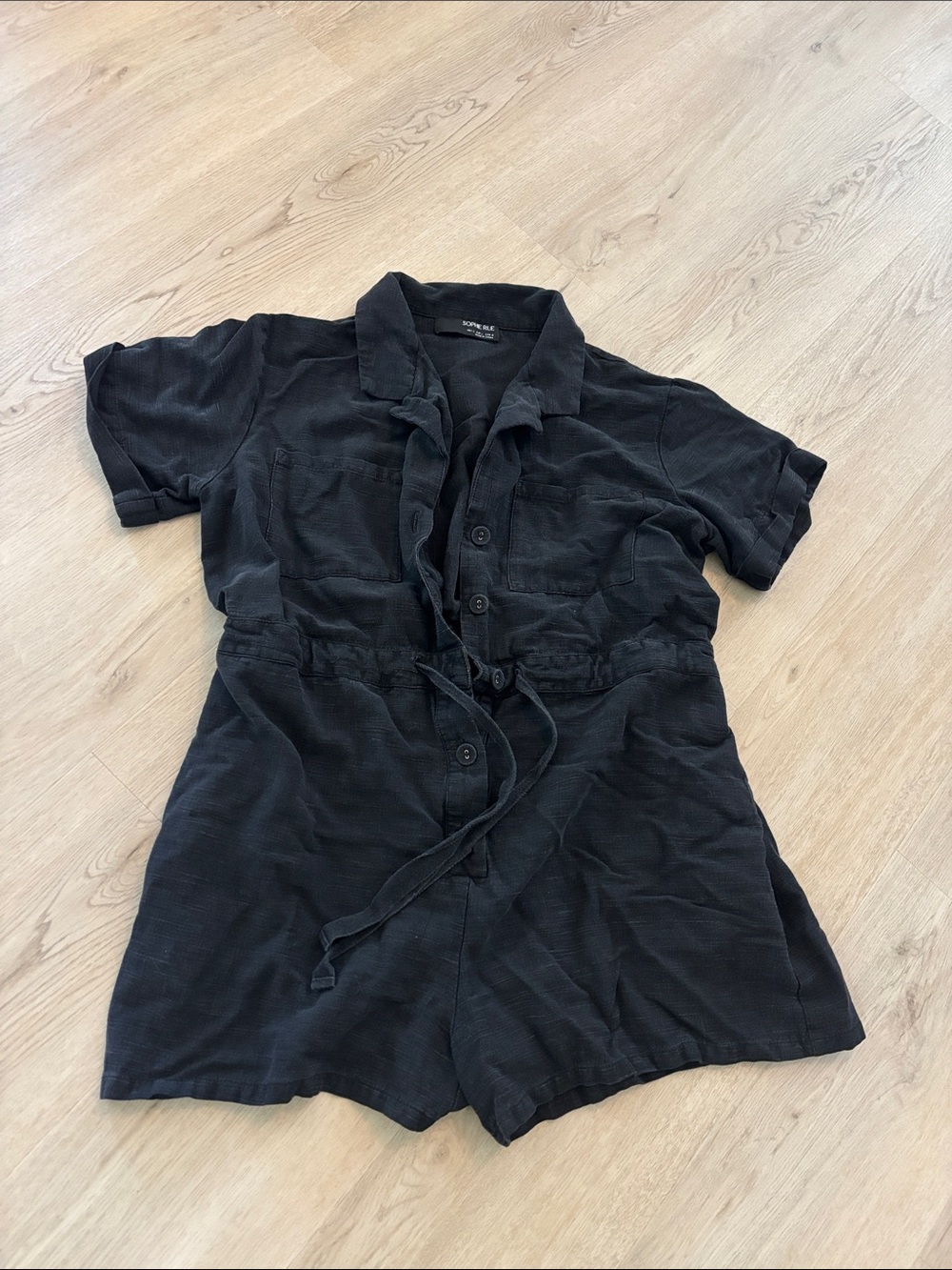 SOPHIE RUE linen shorts romper faded black size L stretch waist button up collar